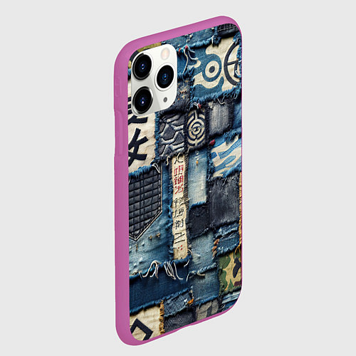 Чехол iPhone 11 Pro матовый Иероглифы на пэчворк дениме / 3D-Фиолетовый – фото 2