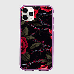 Чехол iPhone 11 Pro матовый Череп и красные розы, цвет: 3D-фиолетовый