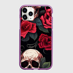 Чехол iPhone 11 Pro матовый Черепа с красными розами, цвет: 3D-фиолетовый