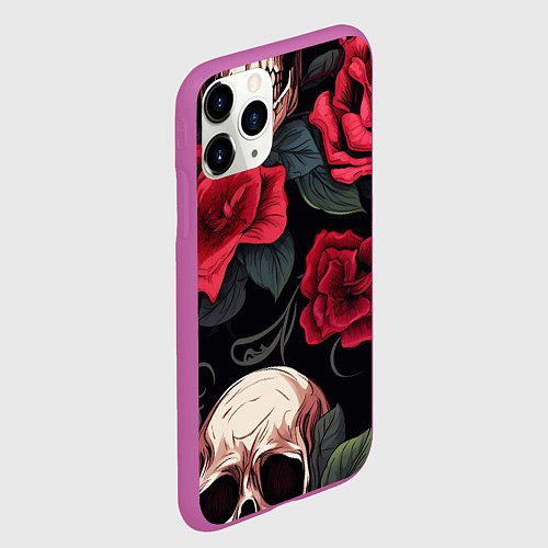Чехол iPhone 11 Pro матовый Черепа с красными розами / 3D-Фиолетовый – фото 2