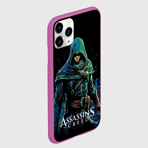 Чехол iPhone 11 Pro матовый Assassins creed персонаж нарисован на черном / 3D-Фиолетовый – фото 2