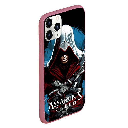 Чехол iPhone 11 Pro матовый Assassins creed темный синий фон / 3D-Малиновый – фото 2