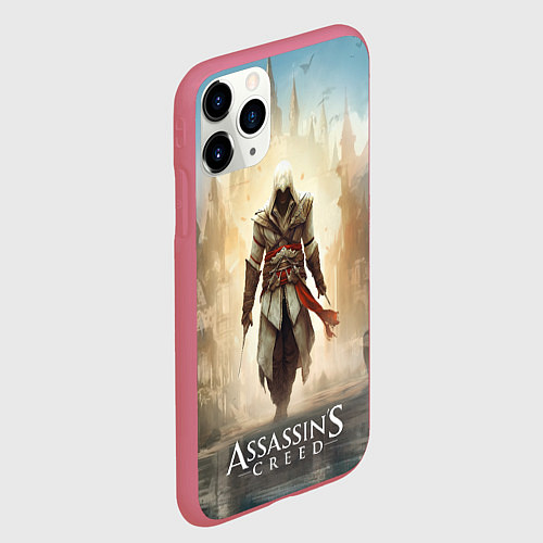 Чехол iPhone 11 Pro матовый Assassins creed на фоне дворца / 3D-Малиновый – фото 2
