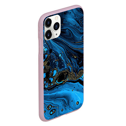 Чехол iPhone 11 Pro матовый Черные и синие сияющие волны / 3D-Розовый – фото 2