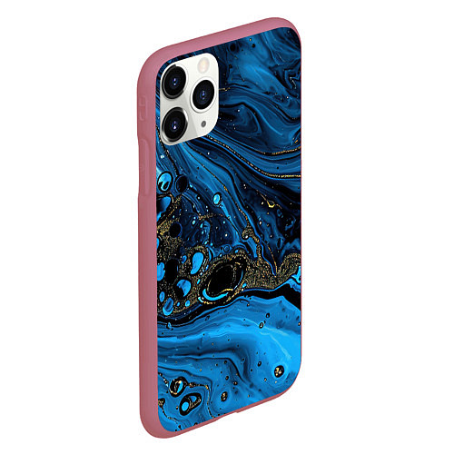 Чехол iPhone 11 Pro матовый Черные и синие сияющие волны / 3D-Малиновый – фото 2