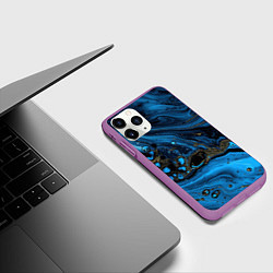 Чехол iPhone 11 Pro матовый Черные и синие сияющие волны, цвет: 3D-фиолетовый — фото 2