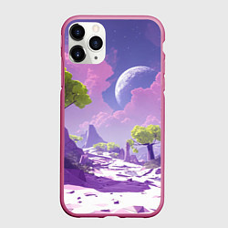 Чехол iPhone 11 Pro матовый Фиолетовые горы зеленые деревья и космос, цвет: 3D-малиновый