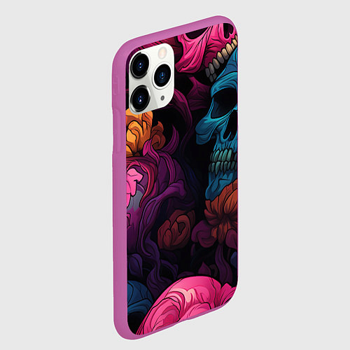 Чехол iPhone 11 Pro матовый Яркие цветы с черепами / 3D-Фиолетовый – фото 2