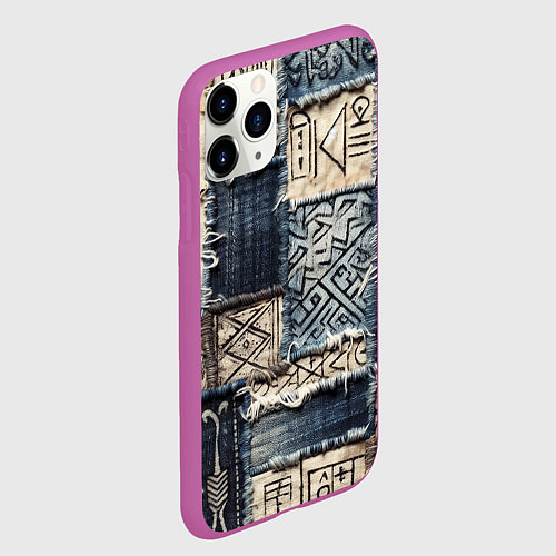 Чехол iPhone 11 Pro матовый Геометрия на пэчворк дениме / 3D-Фиолетовый – фото 2