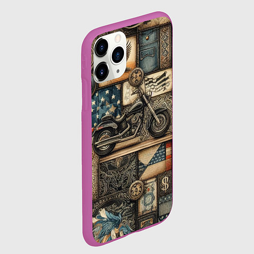 Чехол iPhone 11 Pro матовый Patchwork with a motorcycle - ai art / 3D-Фиолетовый – фото 2