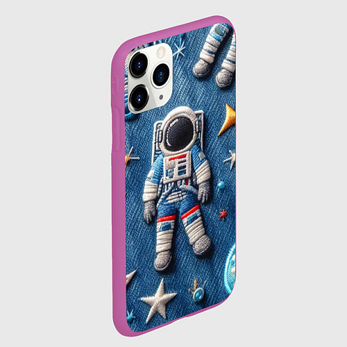 Чехол iPhone 11 Pro матовый Космонавт - вышивка по джинсе нейросеть / 3D-Фиолетовый – фото 2