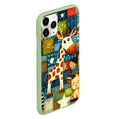 Чехол iPhone 11 Pro матовый Жираф и компания - пэчворк нейросеть / 3D-Салатовый – фото 2