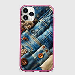 Чехол iPhone 11 Pro матовый Джинсовый пэчворк с пуговицами - мода, цвет: 3D-малиновый