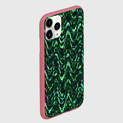 Чехол iPhone 11 Pro матовый Абстрактные зеленые волны / 3D-Малиновый – фото 2