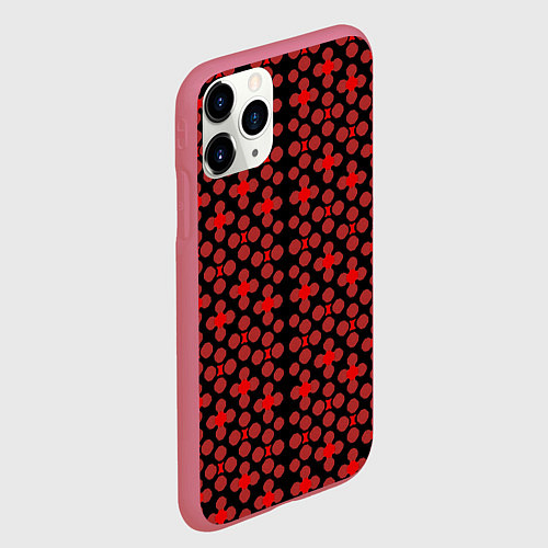 Чехол iPhone 11 Pro матовый Красные четырёхлистники на чёрном фоне / 3D-Малиновый – фото 2