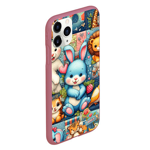 Чехол iPhone 11 Pro матовый Funny hare and his friends - patchwork / 3D-Малиновый – фото 2