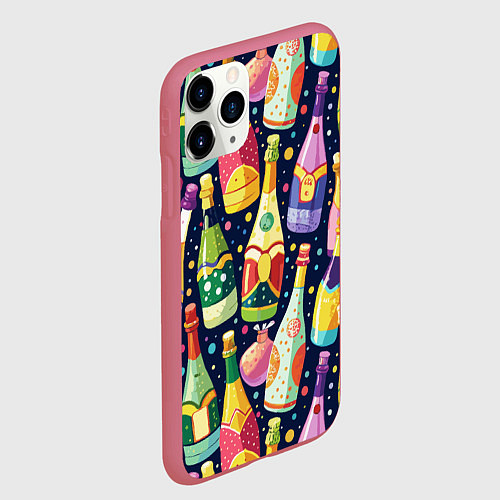 Чехол iPhone 11 Pro матовый Бутылки шампанского -вино водочный паттерн / 3D-Малиновый – фото 2