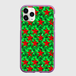 Чехол iPhone 11 Pro матовый Красные звезды победы на зеленом камуфляже, цвет: 3D-фиолетовый
