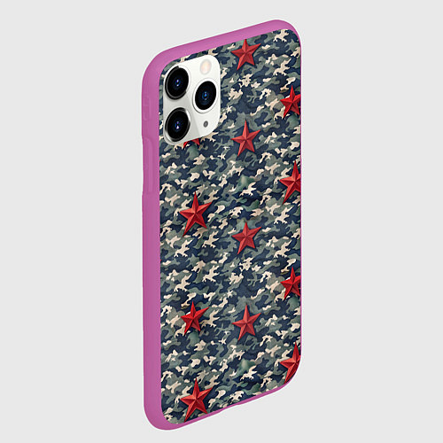 Чехол iPhone 11 Pro матовый Красные звезды на камуфляже / 3D-Фиолетовый – фото 2