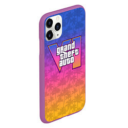 Чехол iPhone 11 Pro матовый GTA 6 - пальмы и логотип, цвет: 3D-фиолетовый — фото 2