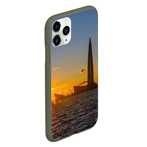 Чехол iPhone 11 Pro матовый Здание Лахта-центра на фоне заката Санкт-Петербург / 3D-Темно-зеленый – фото 2