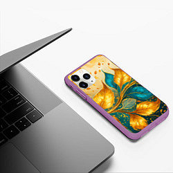 Чехол iPhone 11 Pro матовый Листья абстрактные золото и бирюза, цвет: 3D-фиолетовый — фото 2