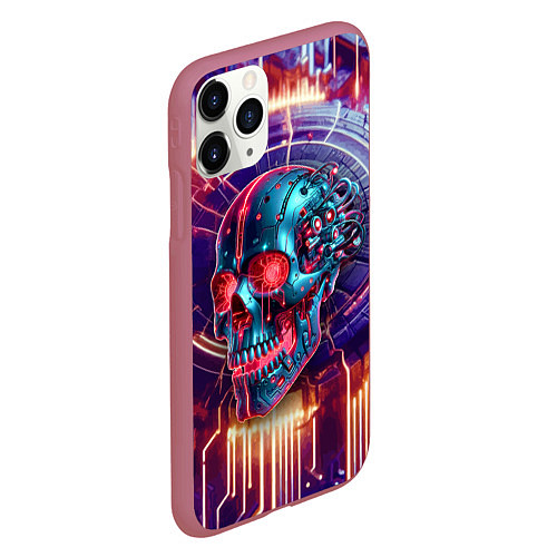 Чехол iPhone 11 Pro матовый Cyber art skull - steel metal / 3D-Малиновый – фото 2