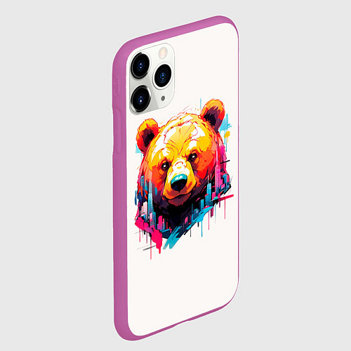 Чехол iPhone 11 Pro матовый Мишка в городе: голова медведя на фоне красочного / 3D-Фиолетовый – фото 2