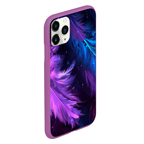 Чехол iPhone 11 Pro матовый Искрящиеся перья в розовых и голубых оттенках / 3D-Фиолетовый – фото 2