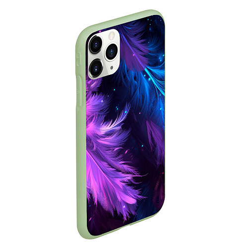 Чехол iPhone 11 Pro матовый Искрящиеся перья в розовых и голубых оттенках / 3D-Салатовый – фото 2