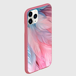 Чехол iPhone 11 Pro матовый Пастельно-голубые и розовые перья, цвет: 3D-малиновый — фото 2