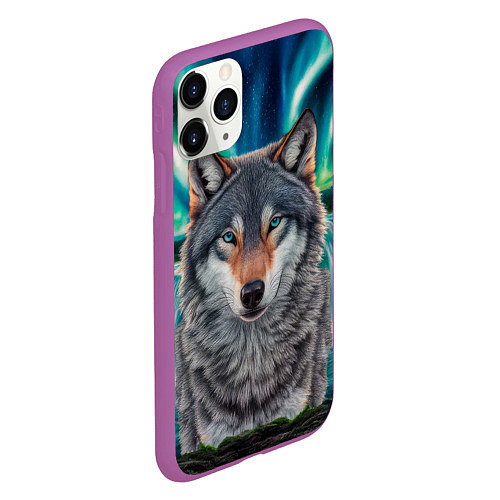 Чехол iPhone 11 Pro матовый Серый волк стоящий перед водопадом под северным си / 3D-Фиолетовый – фото 2