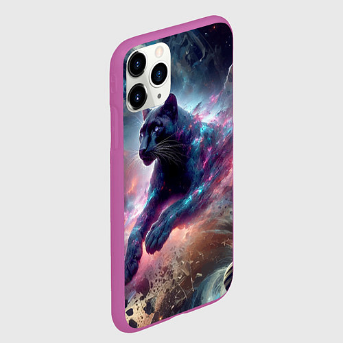 Чехол iPhone 11 Pro матовый Космическая пантера - нейросеть / 3D-Фиолетовый – фото 2