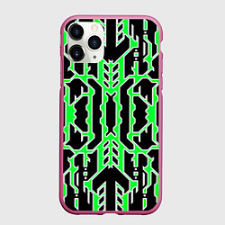 Чехол iPhone 11 Pro матовый Техно зелёные линии с белой обводкой на чёрном фон, цвет: 3D-малиновый