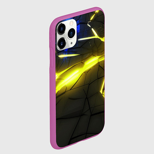 Чехол iPhone 11 Pro матовый Желтый на черном неон из разлома плит / 3D-Фиолетовый – фото 2