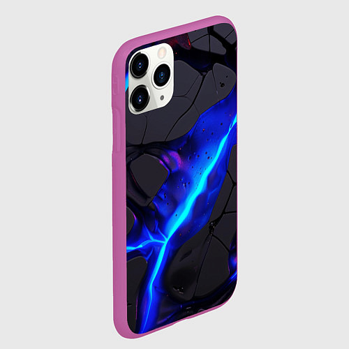Чехол iPhone 11 Pro матовый Темный синий неон из разлома плит / 3D-Фиолетовый – фото 2