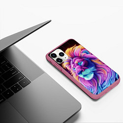 Чехол iPhone 11 Pro матовый Космический неоновый лев - нейросеть фантазия, цвет: 3D-малиновый — фото 2