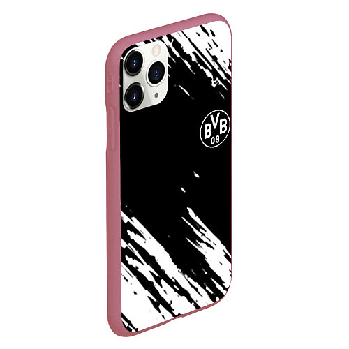 Чехол iPhone 11 Pro матовый Borussia краски белые на чёрном / 3D-Малиновый – фото 2