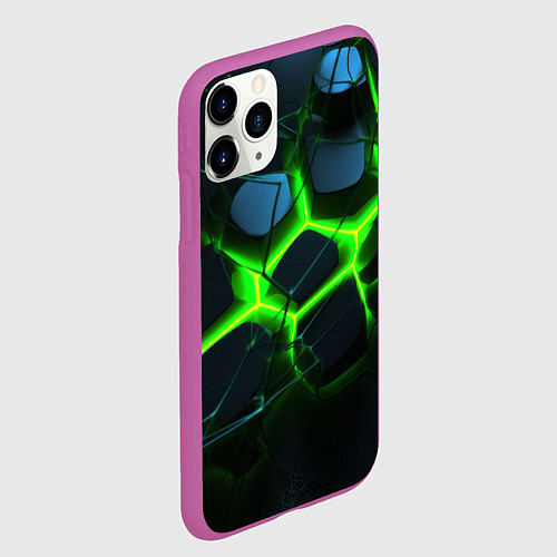 Чехол iPhone 11 Pro матовый Зеленый неон и разлом плит / 3D-Фиолетовый – фото 2