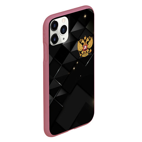 Чехол iPhone 11 Pro матовый Золотой герб России на черно-золотой текстуре / 3D-Малиновый – фото 2