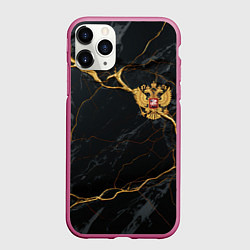 Чехол iPhone 11 Pro матовый Золотой герб России на черно-золотой текстуре, цвет: 3D-малиновый