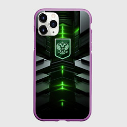 Чехол iPhone 11 Pro матовый Герб России и яркий зеленый неон, цвет: 3D-фиолетовый