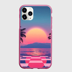 Чехол iPhone 11 Pro матовый Пальмы на шахматном полу с видом на закат, цвет: 3D-малиновый