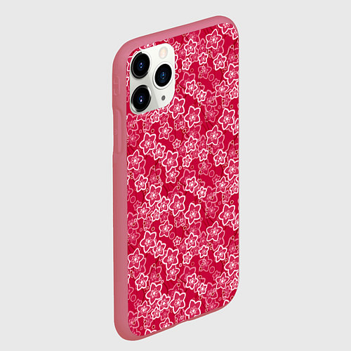 Чехол iPhone 11 Pro матовый Красно-белый цветочный узор ретро / 3D-Малиновый – фото 2