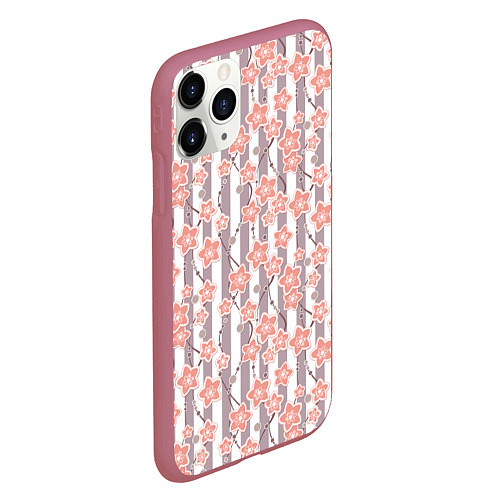 Чехол iPhone 11 Pro матовый Коралловые цветы на полосатом фоне / 3D-Малиновый – фото 2