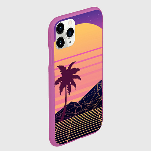Чехол iPhone 11 Pro матовый Vaporwave геометрические горы и силуэты пальм / 3D-Фиолетовый – фото 2
