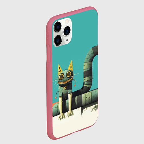 Чехол iPhone 11 Pro матовый Механический зеленый кот / 3D-Малиновый – фото 2