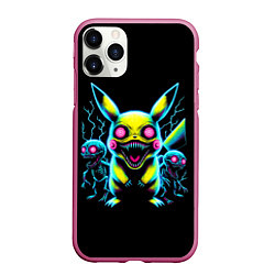 Чехол iPhone 11 Pro матовый Pikachu and skeletons - neon glow ai art, цвет: 3D-малиновый