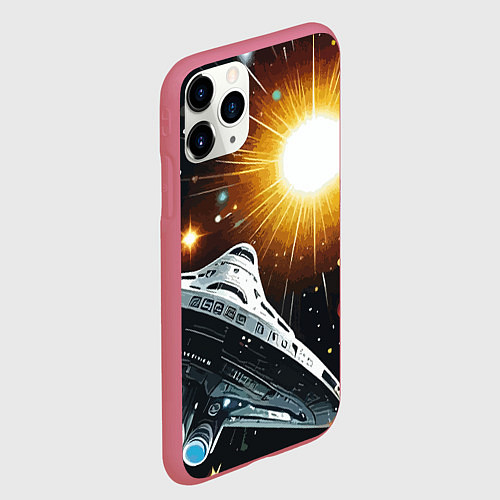 Чехол iPhone 11 Pro матовый Космолёт в неоновом космосе - нейросеть / 3D-Малиновый – фото 2