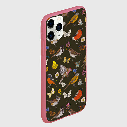 Чехол iPhone 11 Pro матовый Птицы и бабочки с цветами паттерн / 3D-Малиновый – фото 2